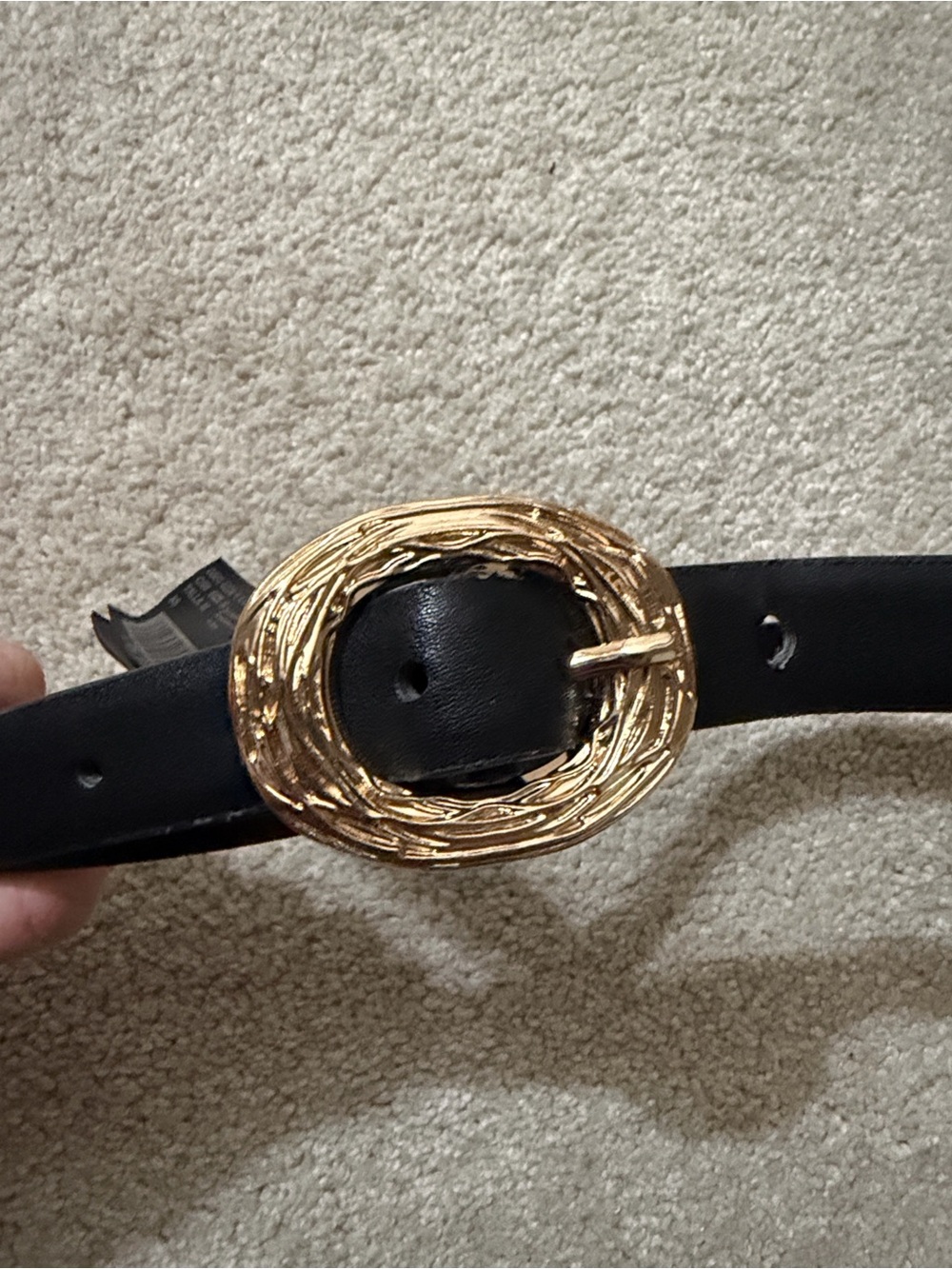 Mango Women's Leather Belt with Gold Braided Oval Buckle